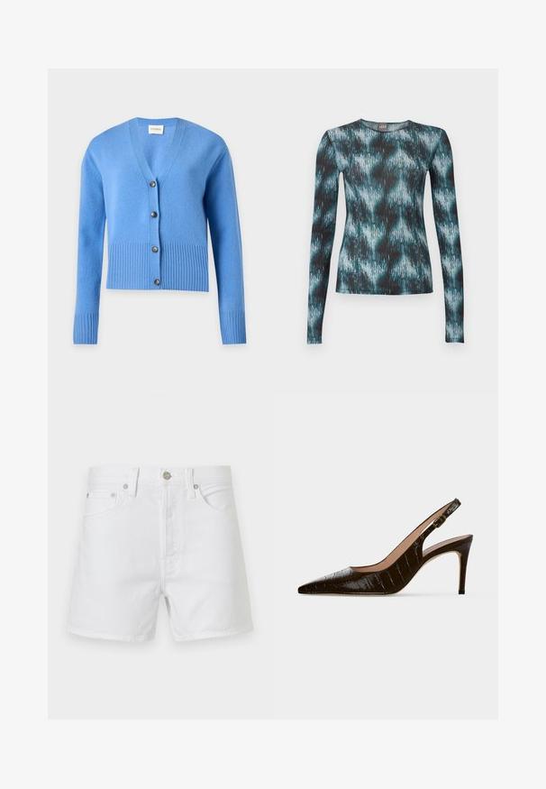 Cardigan tricoté bleu clair avec manches longues, poignets et ourlet côtelés, et quatre boutons foncés sur le devant.; Haut ajusté à manches longues avec col rond, présentant un motif abstrait de coups de pinceau en turquoise, noir et blanc.; Short en denim blanc avec poches à l’avant, passants pour ceinture et fermeture par bouton métallique, présenté sur un fond uni.; Chaussure slingback à talon haut marron foncé, bout pointu, texture crocodile et petite boucle dorée sur la bride.