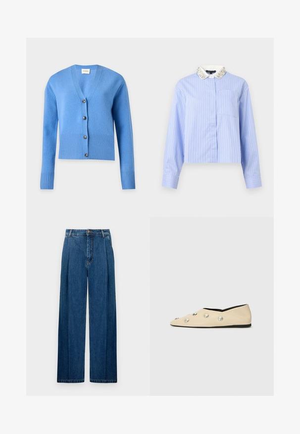 Cardigan tricoté bleu clair avec manches longues, poignets et ourlet côtelés, et quatre boutons foncés sur le devant.; Blouse bleu clair à manches longues avec fines rayures verticales blanches et noires, poche avant et col blanc orné de perles et de bijoux.; Pantalons en denim à jambes larges de couleur bleu foncé, avec des plis frontaux, une fermeture à bouton et des coutures classiques le long des coutures. Texture lisse tout au long.; CLOSED Ballerines - ecru