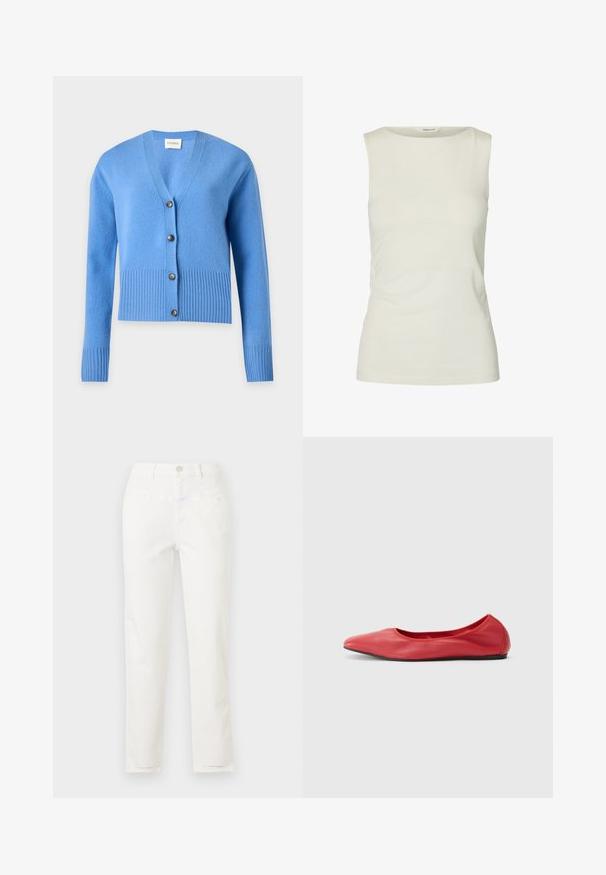 Cardigan tricoté bleu clair avec manches longues, poignets et ourlet côtelés, et quatre boutons foncés sur le devant.; Débardeur blanc uni sans manches avec un col rond, fabriqué en tissu lisse, présenté sur fond blanc.; Jean blanc à jambes droites avec poches avant, passants de ceinture et fermeture par bouton à la taille.; Filippa K REY FLATS - Ballerines - bright red