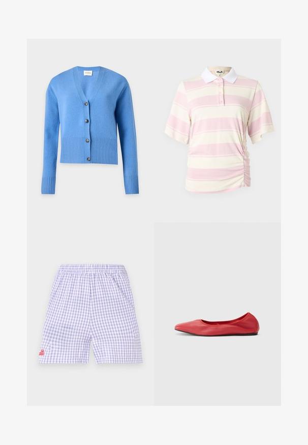 Cardigan tricoté bleu clair avec manches longues, poignets et ourlet côtelés, et quatre boutons foncés sur le devant.; Polo rayé rose et crème, à manches courtes et col blanc. Comprend une fermeture à boutons et un détail froncé sur le côté.; Short à carreaux violet et blanc avec taille élastique et petit texte rouge brodé sur la partie inférieure gauche de la jambe.; Filippa K REY FLATS - Ballerines - bright red