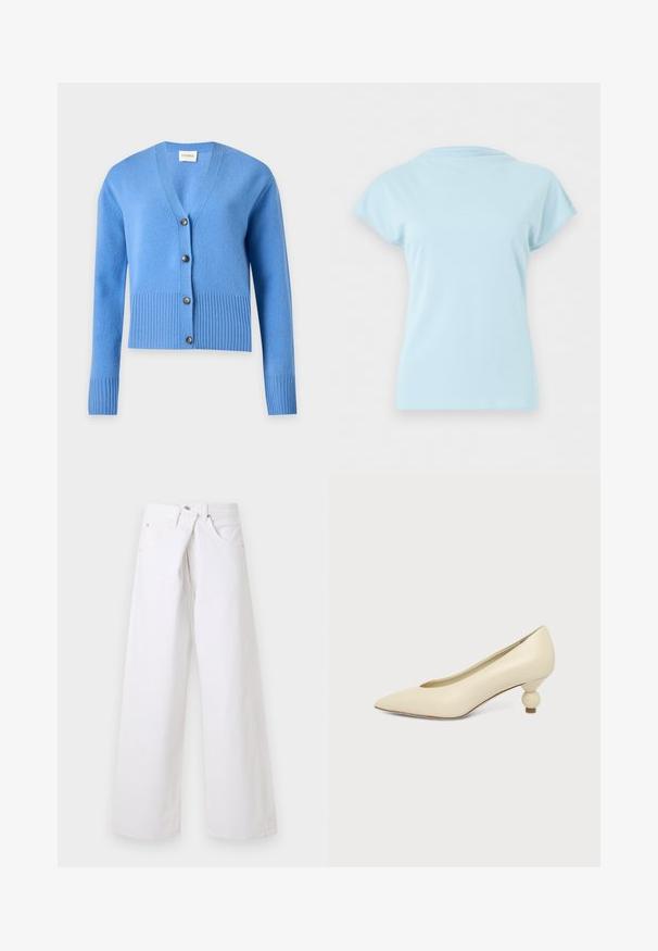 Cardigan tricoté bleu clair avec manches longues, poignets et ourlet côtelés, et quatre boutons foncés sur le devant.; T-shirt bleu clair à manches courtes et col rond, présenté à plat sans logos ni motifs visibles sur un fond blanc uni.; Jean en denim blanc à jambes larges avec poches avant, passants pour ceinture et fermeture par bouton, présenté sur un fond clair uni.; Chaussure femme couleur crème à bout pointu avec un petit talon rond en forme de boule, sur fond uni.