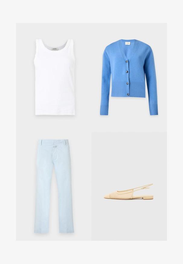 Cardigan tricoté bleu clair avec manches longues, poignets et ourlet côtelés, et quatre boutons foncés sur le devant.; Débardeur blanc sans manches en maille côtelée avec encolure ronde et bordure délicate en dentelle le long des bords, présenté sur un fond uni.; Pantalon bleu clair à jambes droites avec poches avant, passants de ceinture, et fermeture dissimulée par bouton et zip.; Chaussure plate slingback en beige clair avec une tige en maille, un bout pointu et un petit talon. Dotée d'une sangle ajustable pour un bon maintien.