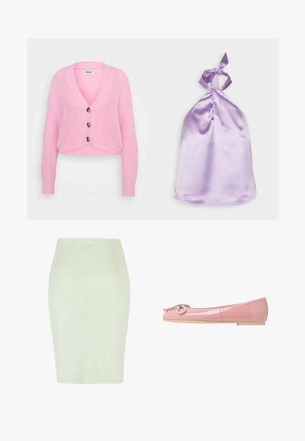 Lyserød strikket kort cardigan med V-hals, lange ærmer og tre store brune knapper foran. Struktureret stof og ribbede manchetter.; Gina Tricot TINA - Top - purple rose (5141); Strikad blyantskjørt i lys mintgrøn med lodret ribbet struktur, tætsiddende form og en glat talje. Ideelt til både afslappet og formel brug.; Lyserøde patentlæder balletflade med en rund tå, rebdetalje foran og en beige gummisål. Glat, blank finish overalt.