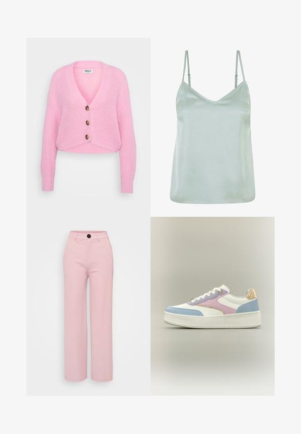 Roze gebreide cropped cardigan met een V-hals, lange mouwen en drie grote bruine knopen aan de voorkant. Gecombineerde stof en geribbelde manchetten.; Lichtgroene satijnen camisole met verstelbare dunne schouderbandjes en een V-halslijn, met een gladde textuur en een ontspannen pasvorm.; Lichtroze wijde broek met een gladde textuur, voorzien van een zwarte knoop en een klassiek ontwerp van de tailleband. Geen extra zakken zichtbaar.; Witte platformsneaker met pastelblauwe, roze en lila panelen, witte veters en een metalen gouden hieldetail op een effen achtergrond.