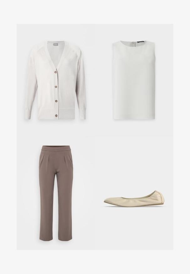 Cardigan de manga larga color beige claro con botones, cuello en V y cuatro botones marrones, puños de punto y ajuste ceñido.; Blusa blanca sin mangas con escote redondo y cremallera visible en la espalda, mostrada sobre un fondo blanco liso.; Pantalones sueltos color topo con cinturilla elástica y pliegues frontales, hechos de una tela suave.; Zapato de ballet plano beige de cuero suave con puntera redonda, perfil lateral bajo y suela de goma delgada sobre fondo blanco liso.
