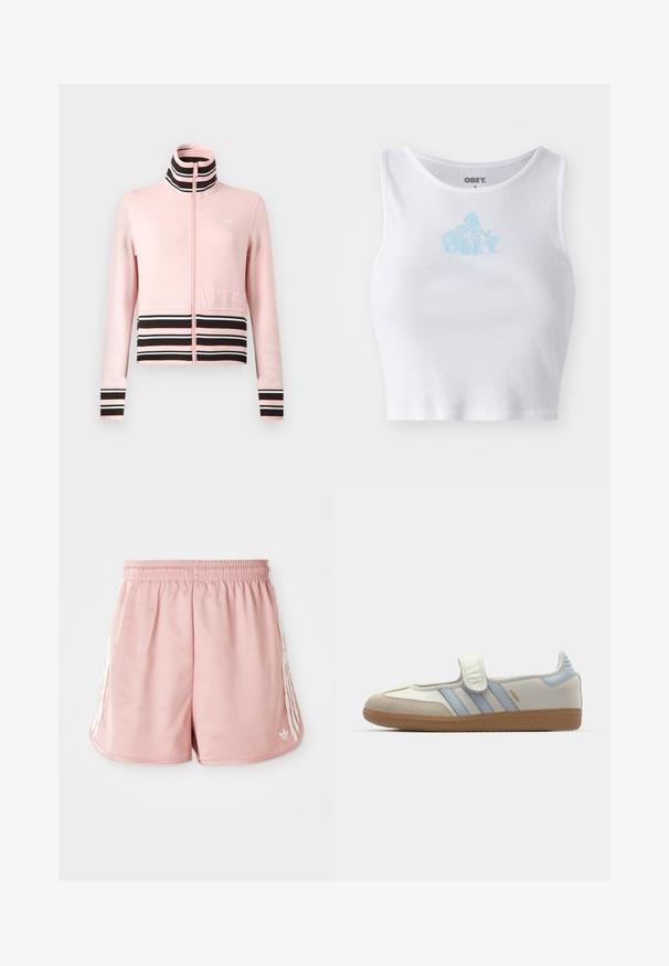 Lichtroze sportjack met rits en hoge kraag, zwarte en witte horizontale strepen bij de taille en manchetten, met een zak aan de voorkant.; Witte geribbelde crop top met een ronde halslijn en een lichtblauwe "OBEY" logo in het midden van de borst. Soepele textuur en aansluitend ontwerp.; Roze sport shorts met een elastische tailleband, witte zijstreepdetails en een klein logo aan de onderkant van de linkervoorzijde. Glad textuur van de stof.; adidas Originals SAMBA JANE BALLERINA - Ballerina's met enkelbandjes - cloud white/halo blue