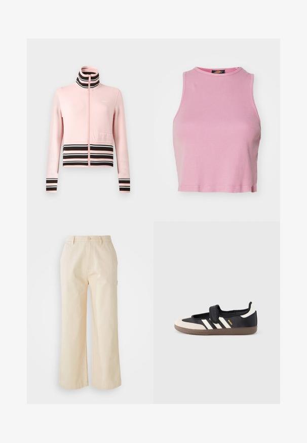 Chaqueta deportiva rosa claro con cremallera, cuello alto, franjas horizontales negras y blancas en la cintura y los puños, con un bolsillo delantero.; Top corto de canalé rosa con cuello redondo y diseño sin mangas. Presenta un dobladillo que termina justo por encima de la cintura.; Pantalones de pierna ancha de color beige claro, hechos de algodón con una textura suave, que cuentan con un cierre frontal de botón y bolsillos laterales.; Zapatilla negra y beige con una correa de velcro, tres rayas blancas en el lateral y una suela de goma marrón texturizada. Logotipo de la marca visible.