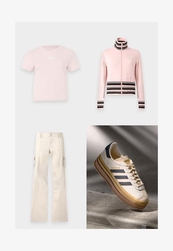 Veste de sport rose clair à fermeture éclair avec un col montant, des rayures horizontales noires et blanches à la taille et aux poignets, avec une poche avant.; T-shirt en coton rose avec des manches courtes, col rond et un petit logo blanc sur la poitrine. Texture lisse et design décontracté.; Pantalon cargo beige à jambes larges, fermeture à boutons sur le devant, passants pour ceinture et poches à rabat des deux côtés.; Baskets Adidas Gazelle avec une tige en daim crème, des accents en cuir bleu, trois rayures bleues, une semelle intermédiaire beige et une semelle extérieure en caoutchouc marron.
