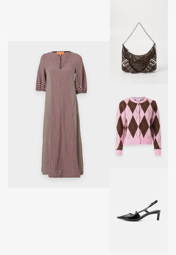 Roze en bruine cardigan met een argylepatroon, voorzien van een ronde halslijn, knoopsluiting en geribde zoom en manchetten. Zachte textuur.; Geruite jurk in roze, wit en zwart. Heeft een V-hals, puffmouwen en een rechte silhoeet. Zachte stof met een gladde textuur.; Zwarte lakleren slingback schoen met een spits toelopende neus, lage hak en twee verstelbare gespen, zijaanzicht.; Donkerbruin gepolijst leren handtas met een zilveren kettingriem, decoratieve dubbele gespriemen, en ritssluiting.