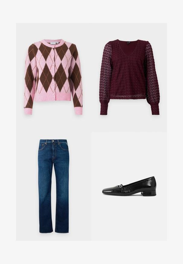 Cardigan con patrón de rombos en rosa y marrón, con cuello redondo, cierre de botones y ribete en el dobladillo y los puños. Textura suave.; Blusa de encaje burdeos de manga larga con cuello en V, mangas abullonadas de tela transparente y patrón geométrico texturizado en el cuerpo y las mangas.; Jeans de mezclilla en azul oscuro con un diseño de pierna recta, estilo de cinco bolsillos y un ligero desvanecimiento. Presentan un cierre frontal con botón y hebillas para cinturón.; Bailarinas de charol negro con punta afilada, tacón cuadrado bajo y un pequeño detalle de hebilla metálica en la correa. Textura suave.