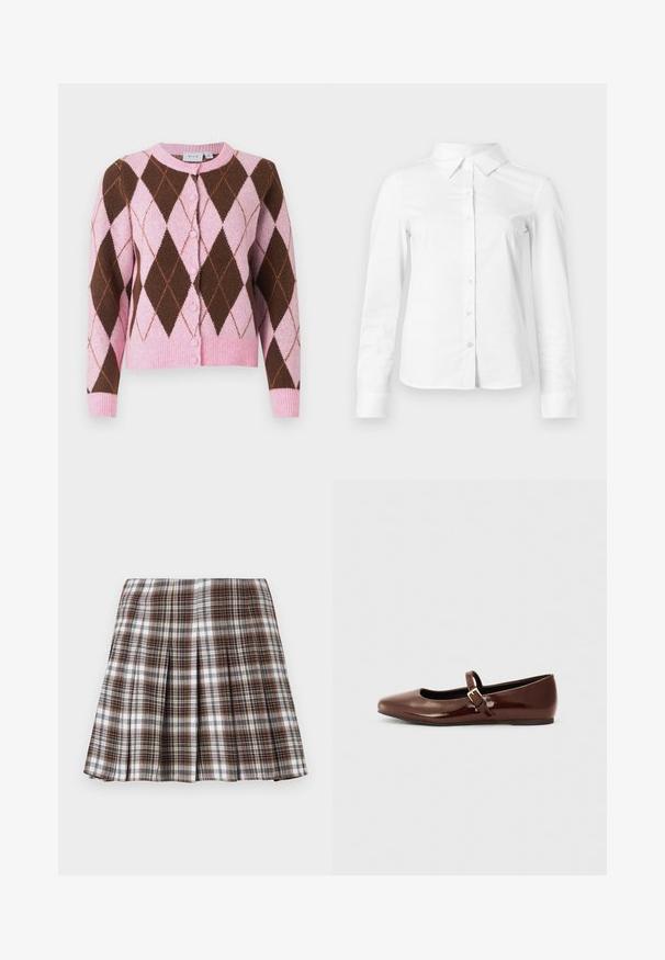 Roze en bruine cardigan met een argylepatroon, voorzien van een ronde halslijn, knoopsluiting en geribde zoom en manchetten. Zachte textuur.; Witte blouse met lange mouwen en knopen, met puntige kraag, rechte zoom en aansluitende silhouet, weergegeven op een effen lichte achtergrond.; Bruine en witte geplooide rok met een gestructureerd ontwerp en een frisse textuur, met een hoge taille en meerdere verticale plooien.; Bruine gepatineerde leren balletschoen met een vierkante neus en een bandje met een kleine gouden gesp. Gladde textuur, lage hak en minimalistisch ontwerp.