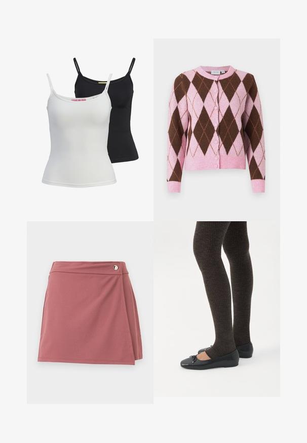 Cardigan con patrón de rombos en rosa y marrón, con cuello redondo, cierre de botones y ribete en el dobladillo y los puños. Textura suave.; Dos camisetas sin mangas básicas en negro y blanco, hechas de una tela suave y elástica. Presentan tirantes finos y un diseño simple y ajustado.; Falda corta cruzada color rosa polvo con un pequeño botón plateado cerca de la cintura sobre un fondo claro y liso.; Piernas con leggings oscuros acanalados combinados con bailarinas negras que presentan pequeños detalles de lazo sobre un fondo blanco.
