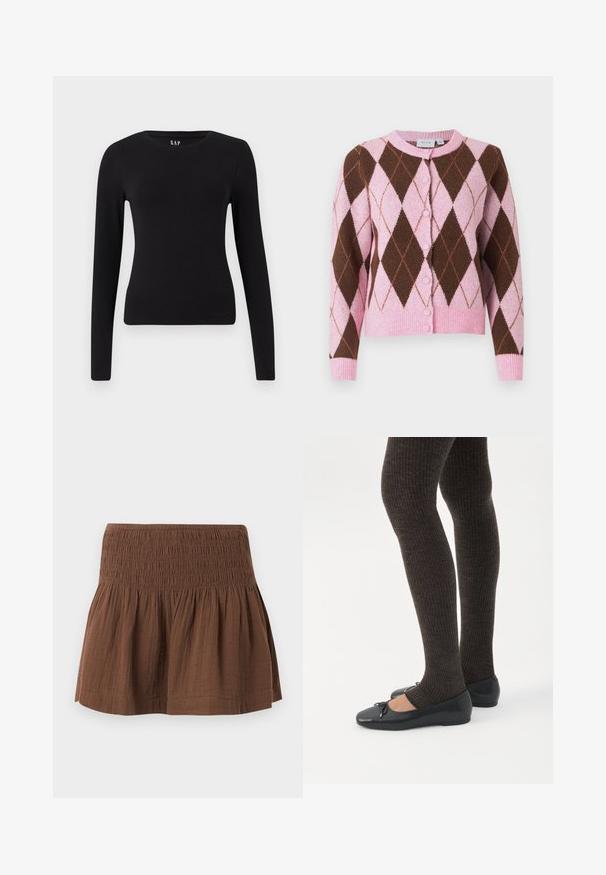 Cardigan med argyle-mønster i pink og brun, med rund halsudskæring, knaplukning samt ribbet kant og ærmer. Blød tekstur.; Sort langærmet tætsiddende t-shirt med rund hals og lige kant, vist på en hvid baggrund.; Brun mininederdel med smocket elastisk talje og sammenkrøllet stof nedenunder, lavet af tekstureret let materiale.; Ben iført mørke ribbede leggings kombineret med sorte balletsko med små sløjfedetaljer på hvid baggrund.