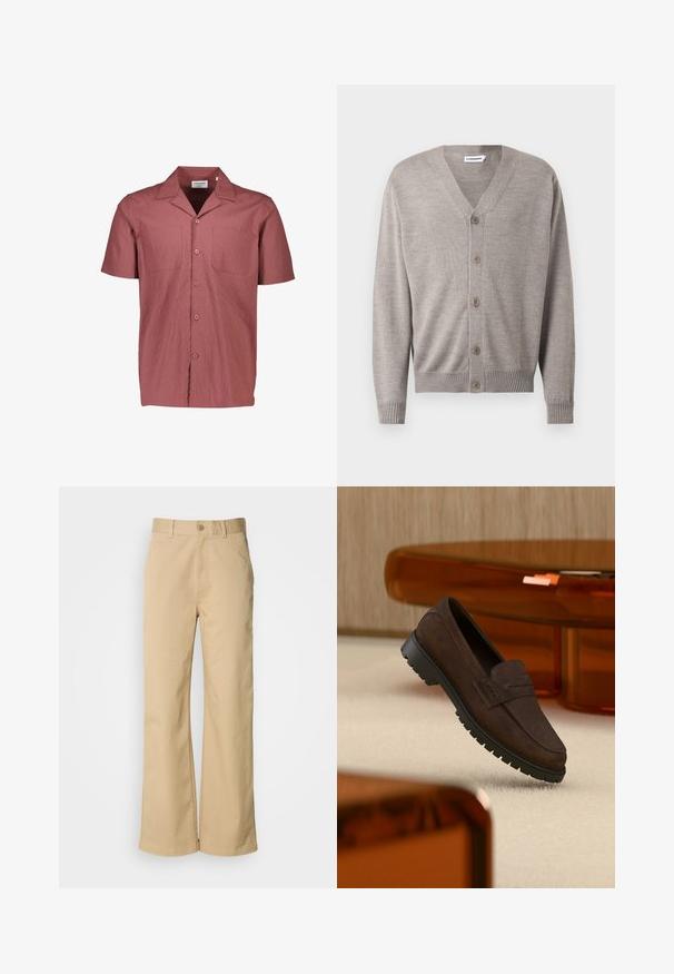 Lys grå cardigan med V-hals, syv knaplukninger, ribstrikkede manchetter og kant, lavet af blødt strikket stof, med et enkelt design.; Kortærmet, skjorte med krave i rosenrød, struktureret stof med en subtil krøl. Har to brystlommer og mørke knapper.; Beige, vidde bukser lavet af en bomuldsblanding. Har en knaplukning og bæltestropper. Glat tekstur med minimale syninger.; Mørkebrune loafers i ruskind med kraftig sort sål, vist over beige tæppe og ved gennemsigtig ravfarvet møbel.