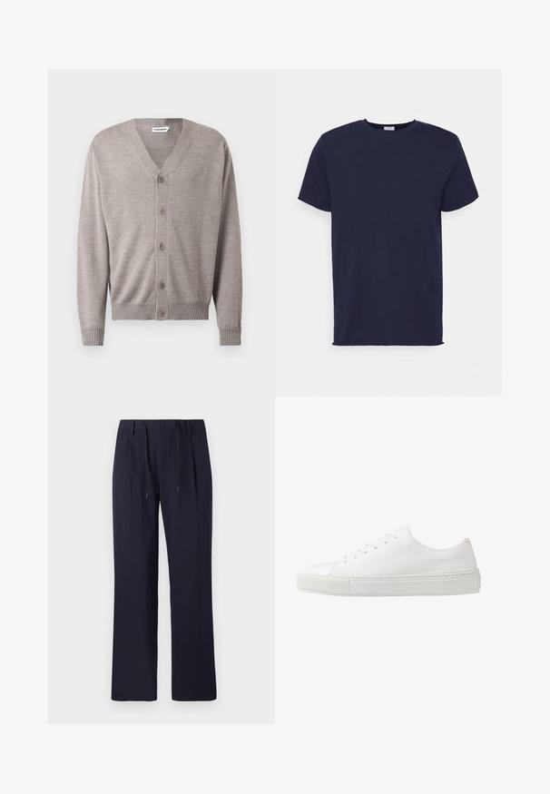 Lichtgrijze cardigan met V-hals, zeven knoopsluiting, ribgebreide manchetten en zoom, gemaakt van zachte gebreide stof, met een eenvoudig design.; Navyblauwe T-shirt met korte mouwen van zachte stof. Heeft een ronde hals en een rechte snit zonder patronen of accenten.; Marineblauwe broek met een rechte pijpdesign, gemaakt van textuurstof. Voorzien van een knoopsluiting aan de voorkant en een verstelbare koord in de taille.; Witte leren sneaker met een gladde afwerking, ronde neus en zes oogjes voor veters. Voorzien van een getextureerde rubberen zool en een minimalistisch ontwerp.