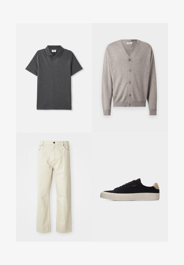 Cardigan gris clair avec un col en V, fermeture à sept boutons, poignets et ourlet côtelés, fabriqué en tissu tricoté doux, présentant un design simple.; Polo shirt gris charbon à manches courtes avec col et sans boutons visibles, posé à plat sur un fond blanc.; Jean en coton beige avec une coupe droite, cinq poches, fermeture à bouton et détails de couture visibles. Texture lisse avec un design décontracté.; Baskets basses noires avec languette beige au talon, semelle en caoutchouc blanche épaisse, lacets noirs et petite étiquette "PS Paul Smith" sur le côté.