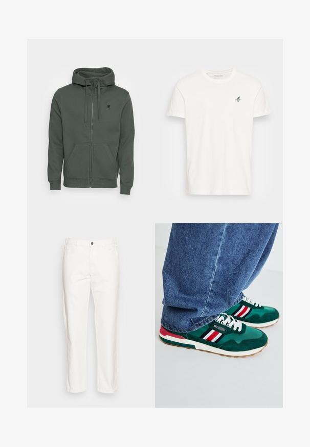 Donkergroene rits Hoodie van zachte stof. Bevat een trekkoordkap, voorzakken en een klein logo op de borst.; Witte katoenen t-shirt met korte mouwen, met een klein groen zeilboot- en golfontwerp op de linkerborst. Klassiek crewneck-stijl.; Witte katoenen broeken met een rechte pijp, voorzien van voorzakken, een enkele knoopsluiting en een zachte textuur.; Groene sport sneakers met witte veters, gemaakt van suède en stof, met rode, witte en zwarte strepen, en rubberen zolen.