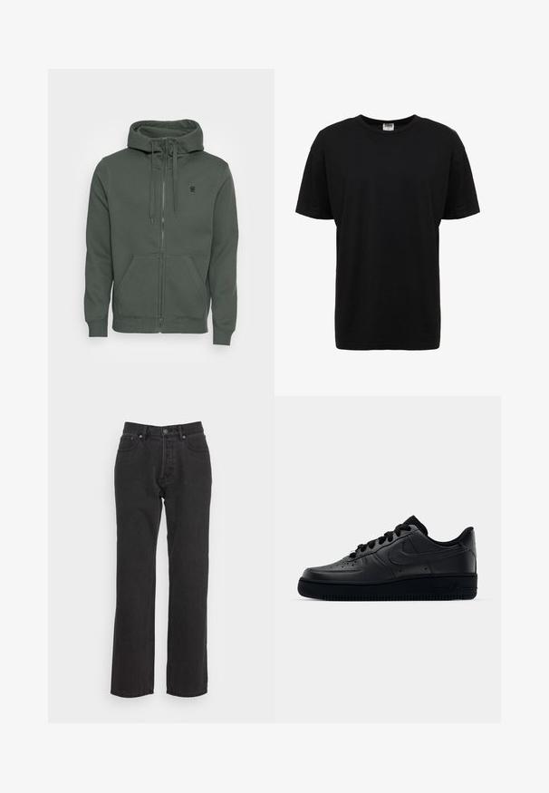 Haut de sweat à capuche zippé vert foncé en tissu doux. Il dispose d'une capuche avec cordon de serrage, de poches avant et d'un petit logo sur la poitrine.; T-shirt en coton noir à col rond avec des manches courtes, coupe standard, texture lisse, et sans motifs ni accents visibles.; Jean en denim noir avec une coupe droite, dotés d'une fermeture à bouton à l'avant, de passants de ceinture et de deux poches latérales. Tissu texturé.; Baskets Nike Air Force 1 noires avec un dessus en cuir lisse, bout perforé pour la respirabilité, lacets noirs et semelle en caoutchouc texturé.