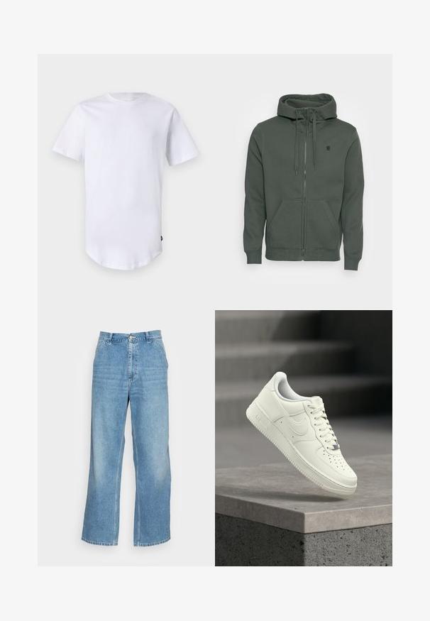 Donkergroene rits Hoodie van zachte stof. Bevat een trekkoordkap, voorzakken en een klein logo op de borst.; Witte katoenen t-shirt met korte mouwen. Rond de hals ontwerp met een gebogen zoom. Label zichtbaar aan de onderste linkerzijde. Gladde textuur.; Lichtblauwe wijde jeans gemaakt van denim. Heeft een hoge taille, knoopsluiting en een standaard vijf-pocket ontwerp. Gladde textuur.; Witte leren sneaker met een laag profiel, een gestructureerd oppervlak, perforaties op de neus en zilverkleurige accenten op de veters en het logo.