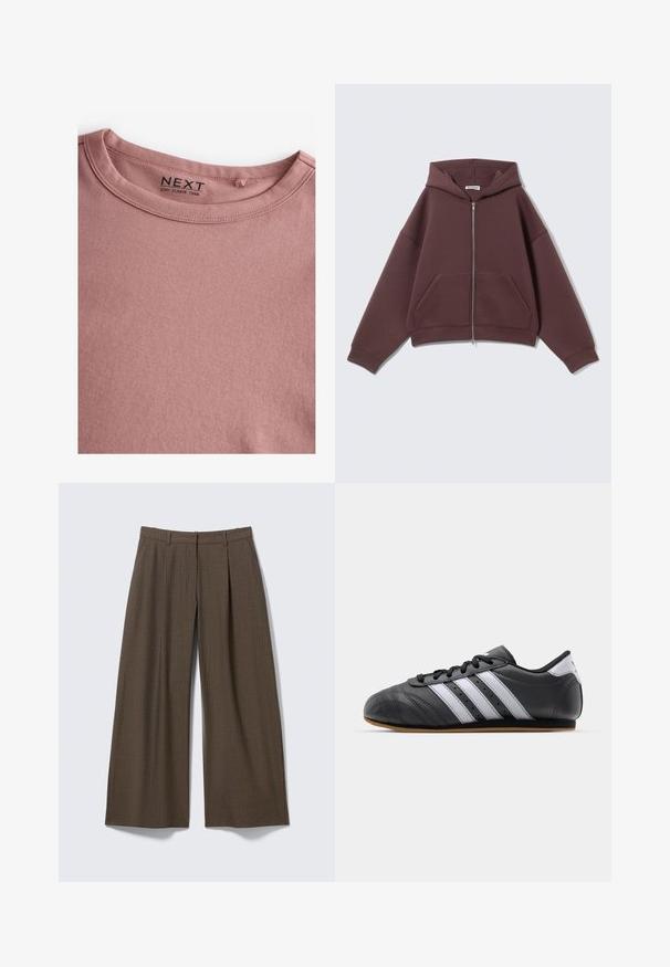 Sudadera con capucha y cremallera color marrón oscuro, de manga larga, con bolsillos tipo canguro y capucha, colocada plana sobre un fondo claro.; Camiseta de manga larga en color rosa polvoriento, hecha de algodón suave, con un sencillo cuello redondo y una textura lisa. La etiqueta dice "NEXT."; Pantalones de pernera ancha con raya diplomática marrón, con trabillas para el cinturón y pliegues frontales, exhibidos planos sobre un fondo gris claro.; Zapatilla deportiva de cuero negro con rayas blancas, puntera redonda, suela plana y cierre con cordones. Presenta perforaciones para transpirabilidad.