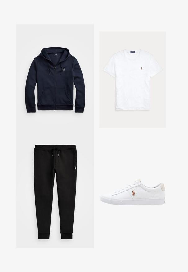 Marineblauwe rits-hoodie van zachte stof, voorzien van een trekkoordkap, voorzakken en een klein logo op de linkerborst.; Witte T-shirt met korte mouwen en ronde hals met klein geborduurd Polo Ralph Lauren-logo op de linkerborst en een blauw merklint binnenin de kraag.; Zwarte sweatpants van zacht materiaal, met een trekkoord in de taille, aangesloten boorden en een klein wit logo op het linkerpoot.; Witte canvas sneakers met een laag ontwerp, featuring een beige hieltab en een klein geborduurd logo aan de zijkant. Rubber zool.