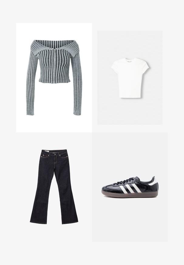Grå og sort stribet off-the-shoulder cropped cardigan med bred krave og lange ærmer, lavet af blødt strikket stof.; Hvid kortærmet t-shirt lavet af blød bomuld, med rund halsudskæring og en tætsiddende form. Ingen synlige mønstre eller udsmykninger.; Mørkeblå denim bukser med flared ben, fem lommer, kobbernitter og kontrastsyet. Glat tekstur med en lige, afslappet pasform.; Lavprofils sort sneaker med tekstureret slangeskindsmønster, hvide striber på siden, sorte snørebånd og en gennemsigtig brun sål.