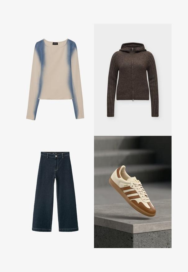 Sudadera con capucha de punto marrón oscuro con cremallera, mangas largas y puños acanalados mostrada sobre un fondo liso.; Camiseta de manga larga en color beige claro, con un diseño en degradado azul. Textura suave, con cuello redondo y línea de dobladillo recta.; Vaqueros anchos de pierna ancha en azul oscuro con cintura alta, trabillas para cinturón, botón y costuras visibles sobre fondo blanco.; Zapatilla clásica con parte superior de cuero crema, detalles en marrón, tres franjas y suela de goma texturizada. Presenta una puntera redondeada y cierre de cordones.