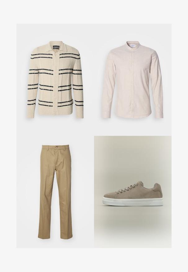Cardigan beige en matière texturée avec des rayures horizontales bleu marine, un col à revers et une fermeture à boutons.; Chemise boutonnée à manches longues beige clair avec col mandarin, présentée de face sur fond blanc uni.; Pantalons beiges en tissu lisse. Design à jambe droite avec fermeture à bouton. Dispose de passants de ceinture et d'une coupe classique pour un ajustement polyvalent.; Baskets basses en daim beige avec semelle en caoutchouc blanche et lacets beiges assortis sur un fond neutre.