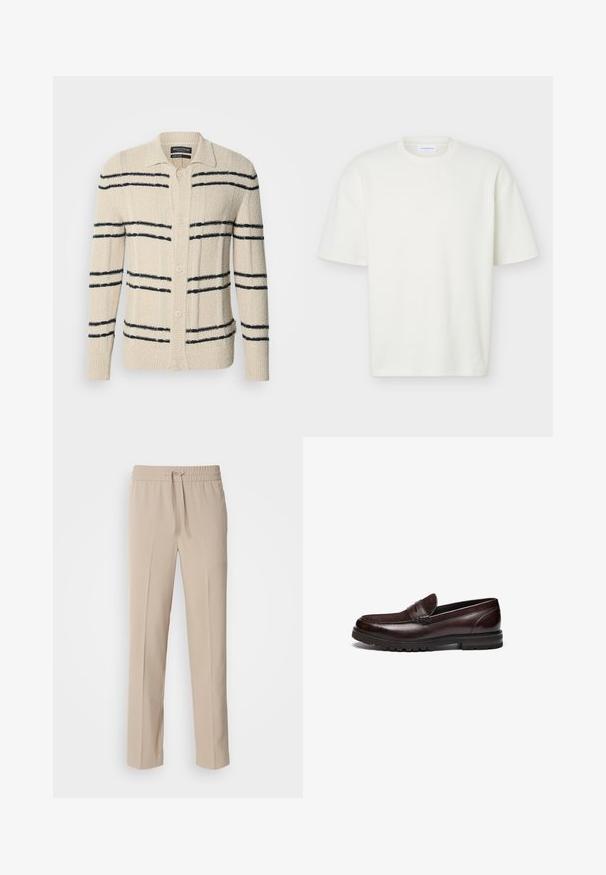 Beige cardigan lavet af tekstureret materiale med marineblå vandrette striber, en krave og knaplukning.; Hvid tekstureret T-shirt med korte ærmer og rund hals med en almindelig pasform og et lille mærke indeni kraven.; Beige, afslappede bukser lavet af blødt materiale, med elastisk talje og snøre samt lige ben med minimale detaljer.; Brune læder loafers med en ruskindsdetalje, rund tå og tekstureret gummisål. Har syet detaljering og en let hæl.