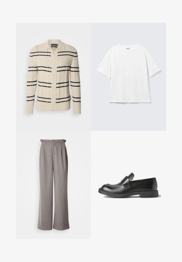 Beige cardigan lavet af tekstureret materiale med marineblå vandrette striber, en krave og knaplukning.; Hvid oversized t-shirt med korte ærmer og rund halsudskæring med sænkede skuldre, fladt lagt på lys grå baggrund.; Lysegrå wide-leg bukser lavet af vævet stof. Funktioner folder ved taljen og bæltestropper. Glat tekstur og fuldlængde design.; CAMPERLAB MIL-1978 - Loafers - schwarz
