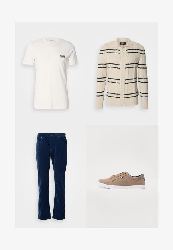 Cárdigan beige hecho de material texturizado que presenta rayas horizontales azul marino, un cuello con solapa y cierre de botones.; Camiseta de algodón en color blanco roto, con cuello redondo, mangas cortas y un pequeño gráfico en negro y verde en el lado izquierdo del pecho.; Scotch & Soda THE ZEE STRAIGHT - Pantalones - insignia blue; Zapatillas de lona beige con un diseño de caña baja, suela de goma blanca y cordones redondos. Presenta un acento en el talón gris contrastante y un detalle del logo.