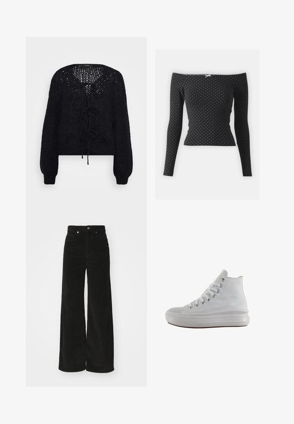 Vero Moda Petite VMALOA BOW CARDIGAN - Kardigán - black; Čierny top bez ramienok s dlhými rukávmi, zdobený bielymi bodkami a dekoratívnou mašľou na krku, vyrobený z mäkkého a elastického materiálu.; Čierne kordové nohavice s širokými nohavicami a vysokým pásom, obsahujúce dve predné vrecká a kovové zapínanie. Textúrovaná látka s vertikálnymi pruhmi.; Biele vysoké plátenné tenisky s bielymi šnúrkami, kovovými očkami, hrubou gumovou podrážkou a textúrovanou špičkou, mieriac doľava na bielom pozadí.