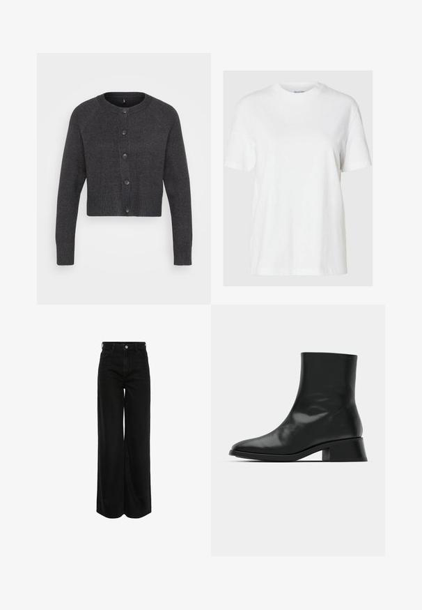 Mørkegrå cropped cardigan med rund hals, seks knapper foran og ribbede manchetter og kant. Fremstillet af et blødt, struktureret strikmateriale.; Hvid bomuld t-shirt med korte ærmer og rund halsudskæring. Har en afslappet pasform og et minimalistisk design uden mønstre eller accenter.; Bredde ben sorte denim jeans med høj talje, fem-lomme design og sølvhardware. Stof med en glat, let tekstureret finish.; Sort ankelstøvle lavet af blank læder, med et strømlinet design, spids tå og en moderat blokhælhøjde for stabilitet.