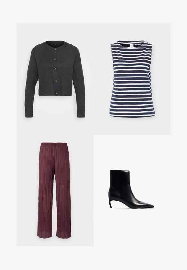 Tmavošedý crop cardigan s okrúhlym výstrihom, so šiestimi gombíkmi vpredu a ribovanými manžetami a lemom. Vyrobený z mäkkého, textúrovaného pleteného materiálu.; Tielko bez rukávov v námorníckej modrej a bielej farbe s horizontálnymi pruhmi a okrúhlym výstrihom, vyrobené z jemnej bavlnenej látky, zobrazené na jednofarebnom pozadí.; Plisované nohavice v hlbokej burgundskej farbe s elastickým pásom, s voľným strihom a širokými nohavicami a vertikálnymi záhybmi po celom obvode.; Čierne kožené členkové topánky s špicatou špičkou a malým, štíhlym podpätkom. Hladká textura s elegantným, minimalistickým dizajnom.