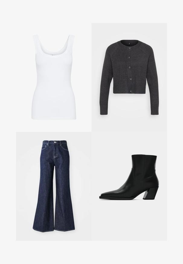 Tmavošedý crop cardigan s okrúhlym výstrihom, so šiestimi gombíkmi vpredu a ribovanými manžetami a lemom. Vyrobený z mäkkého, textúrovaného pleteného materiálu.; Biely tielko s výstrihom do guľata, širokými ramienkami a priliehavým strihom, vyrobené z hladkej, elastickej textílie.; Tmavé denimové rozšírené nohavice s vysokým pásom, obsahujúce zapínanie na gombík a zips. Biele švy a široké nohavice vytvárajú štruktúrovaný siluet.; Čierna kožená členková topánka s špicatou špičkou, elegantným siluetou a masívnym štvorecovým podpätkom. Hladký povrch s minimálnymi švovými detailmi.