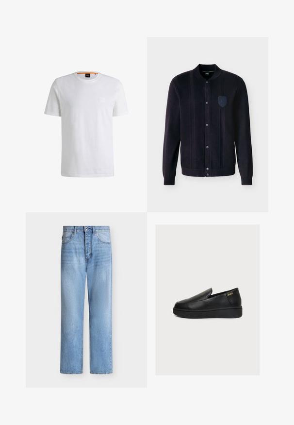 Chaqueta de punto negra con botones, puños acanalados, cuello, rayas verticales texturizadas y un pequeño parche bordado en el pecho izquierdo.; Camiseta de algodón blanca con mangas cortas y cuello redondo. Presenta un sutil parche de logo en el frente y un acento naranja en el cuello.; Vaqueros de denim azul claro de pierna recta con cierre de botón y cremallera, bolsillos delanteros y traseros, y presillas para cinturón en la cintura.; Zapato negro de plataforma de piel con diseño slip-on, suela gruesa y pequeño logo dorado "HUGO" cerca del talón sobre un fondo claro y liso.