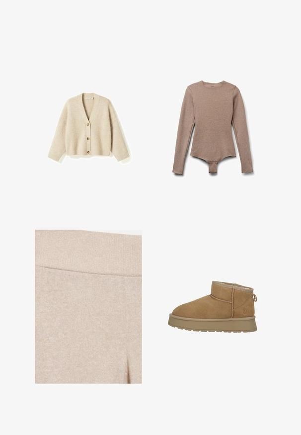 Beige gebreid vest met V-hals, drie bruine knopen aan de voorkant, lange mouwen en geribbelde boorden en zoom.; Langdraagt bodysuit van lichtbruine stof. Heeft een ronde halslijn, een gladde textuur en drukknoopsluitingen aan de onderkant voor een gemakkelijke toepassing.; Close-up van beige gebreide broek met een geribde elastische tailleband en zachte gestructureerde stof.; Bruine suede enkellaars met zachte bontvoering, ronde neus en een platte rubberen zool. Heeft een decoratieve naad en een trektab aan de hiel.