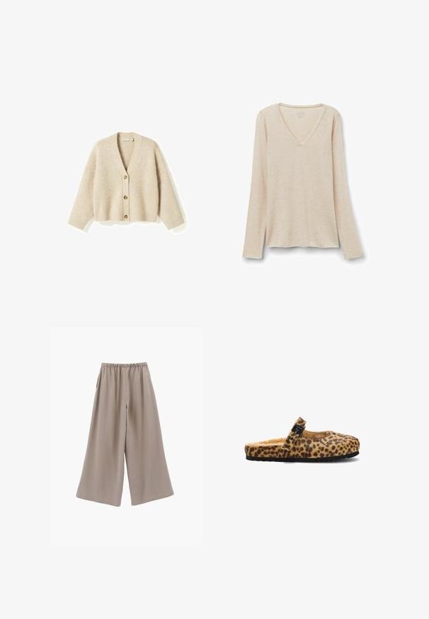 Beige gebreid vest met V-hals, drie bruine knopen aan de voorkant, lange mouwen en geribbelde boorden en zoom.; Langarm V-hals top in lichtbeige stof met een zachte textuur. Relaxte pasvorm met een rechte zoom en een minimalistisch ontwerp.; Loszittende beige broek met wijde pijpen, elastische tailleband en zijzakken, ontworpen voor casual gebruik.; Slingback pantoffel met luipaardprint, een zachte binnenkant, een ronde neus en een decoratieve zwarte gesp. Zwarte rubberen zool met textuur.