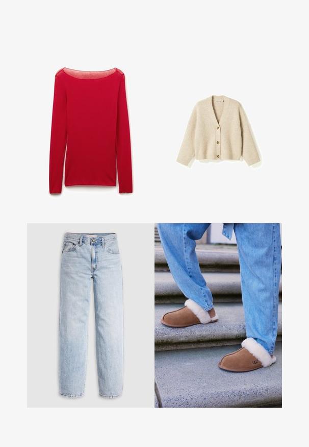 Cárdigan beige de punto con cuello en V, tres botones marrones en la parte delantera, mangas largas y puños y bajo de canalé.; Top ajustado de manga larga roja con un escote redondeado transparente, presentado plano sobre un fondo blanco.; Jeans de mezclilla azul claro con cintura alta, corte relajado, piernas rectas y un diseño clásico de cinco bolsillos. Desgastado visible y detalles de costuras.; Zapatillas de ante marrón con forro de piel blanca, punta redondeada y suela de goma, combinadas con pantalones vaqueros azules en escalones de granito.