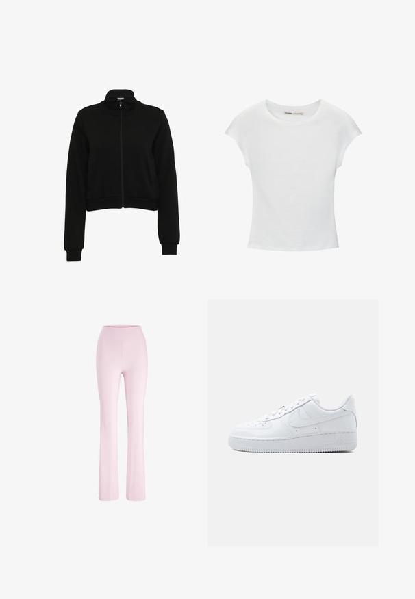 Sort cropped zip-up jakke med høj krave, lange ærmer, ribbede manchetter og liv. Glat stof med minimal dekoration.; Hvid bomuld t-shirt med korte, opsmøgede ærmer, rund halsudskæring og lige kant. Glat tekstur uden synlige mønstre eller detaljer.; Lyserøde yoga bukser med høj talje med tætsiddende pasform over lårene og let udvidede ben, vist på en hvid baggrund.; Hvid Nike Air Force 1 sneaker med lavt snit, snørelukning, perforeret tåboks og karakteristisk Swoosh-logo på siden.
