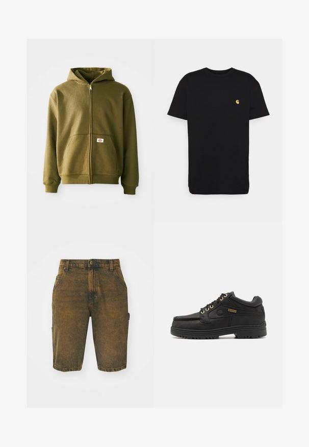 Sudadera con cremallera de color verde oliva, con una textura suave, bolsillos frontales y puños de punto. Presenta un parche con el logo en la parte inferior del bolsillo.; Camiseta de algodón negra con mangas cortas, cuello redondo y un pequeño logo amarillo en el área del pecho izquierdo. Diseño simple y ajuste regular.; Pantalones cortos de mezclilla en un color marrón desgastado con una textura ligeramente desgastada. Cuenta con trabillas para el cinturón, bolsillos frontales y un bolsillo tipo cargo en el lateral.; Zapato de cuero negro con cordones, cuello acolchado, suela gruesa, ojales dorados y etiqueta Gore-Tex en el lateral.