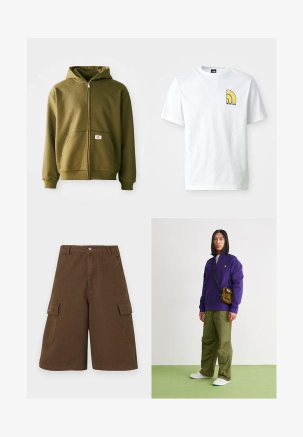 Oliven grøn zip-up hættejakke med en blød tekstur, frontlommer og ribbede manchetter. Har et logo-patch på det nederste lommeområde.; Hvid bomulds t-shirt med rund halsudskæring, der har et gult og sort logo på venstre bryst. Kortærmet og standard pasform.; Brune cargo shorts med lige snit, to sidelommer og knaplukning foran. Fremstillet af slidstærkt bomuldsstof med en mat finish.; Jordan AIR JORDAN 1 ZM CMFT 2 - Sneakers high - summit white/bicoastal/oxidized green