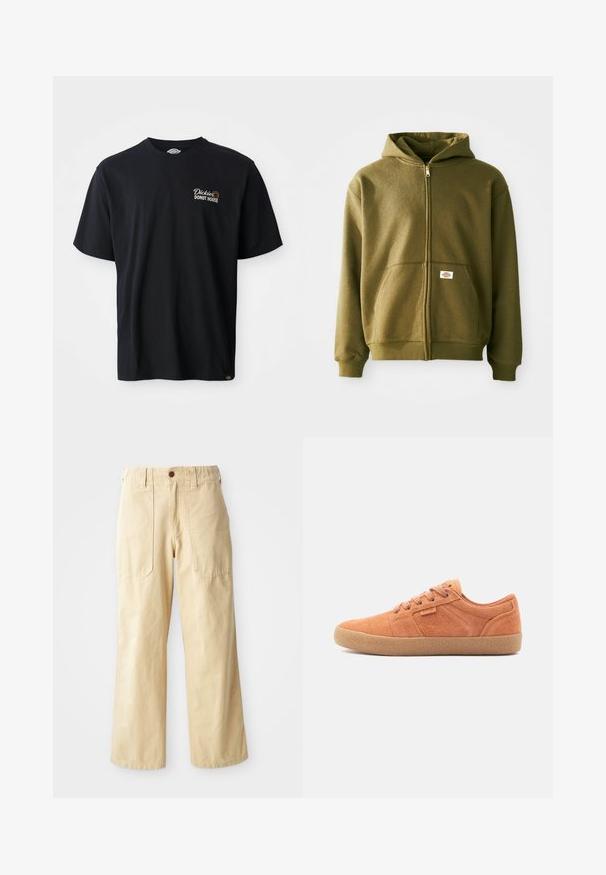 Oliven grøn zip-up hættejakke med en blød tekstur, frontlommer og ribbede manchetter. Har et logo-patch på det nederste lommeområde.; Sort bomulds t-shirt med korte ærmer. Udstyret med et broderet logo "Dickies Donut House" på venstre brystområde. Klassisk crew neck-design.; Beige brede benbukser lavet af bomuld. De har en høj talje, to forlommer med flad design og en enkelt knaplukning.; Tan ruskinds sneakers med en tekstureret overflade, rund tå og gummisål. Har snørebåndsdesign og syede detaljer på siderne.