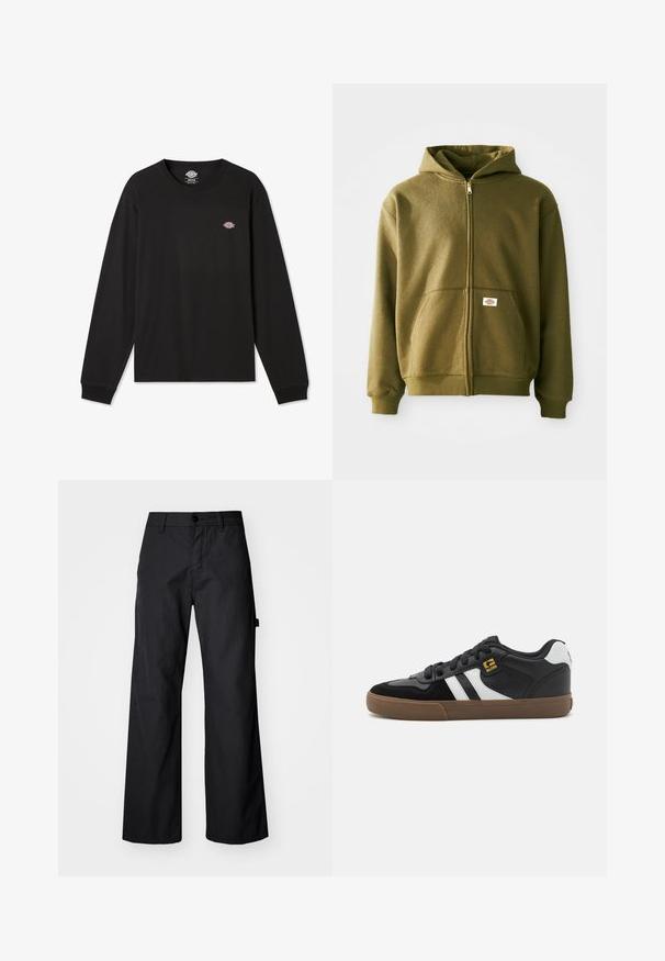 Oliven grøn zip-up hættejakke med en blød tekstur, frontlommer og ribbede manchetter. Har et logo-patch på det nederste lommeområde.; Sort langærmet T-shirt i bomuld med et lille flerfarvet Dickies-logo på venstre brystområde og ribbede manchetter.; Svarte breddebenede bukser fremstillet af holdbart stof. Har en knaplukning og sidelommer. Glat tekstur med et enkelt design.; Sorte og hvide sneakers med overdel i ruskind og læder, der har hvide striber, sorte snørebånd og en brun gummisål. Guld logo detaljer.