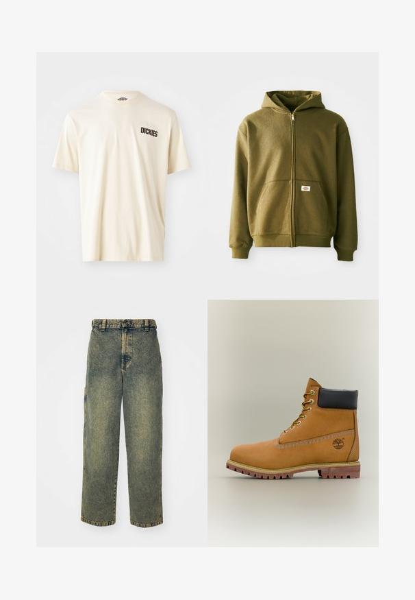 Olivgrüne Zip-Hoodie mit weicher Textur, vorderen Taschen und gerippten Bündchen. Verfügt über ein Logo-Patch im unteren Taschenbereich.; Hellbeige Baumwoll-T-Shirt mit kurzen Ärmeln und Rundhalsausschnitt. Mit einem dunkelbraunen Logo-Text "DICKIES" auf der linken Brustseite.; Baggy-Jeans aus Denim in einer verblassten Blauen und Grünen Waschung. Mit Knopfverschluss, Gürtelschlaufen und Seitentaschen. Flaches Vorderteil und gerades Bein-Design.; Brauner Leder-Stiefelette mit schwarzem Kragen, gelben Schnürsenkeln und hellbrauner Sohle. Verfügt über ein Logo und weiße Ziernähe. Robuste Profilsohle.