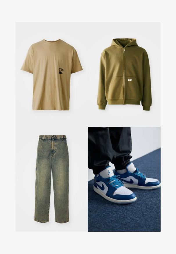 Oliven grøn zip-up hættejakke med en blød tekstur, frontlommer og ribbede manchetter. Har et logo-patch på det nederste lommeområde.; Beige kortærmet T-shirt lavet af bomuld, som har sort "OFFICIAL USE ONLY" tekst og Nike-logo på venstre bryst.; Slidse denim jeans i en falmet blå og grøn vask. Har en knaplukning, bælteløkker og sidelommer. Flad front og lige ben-design.; Nike Air Jordan sneakers har en hvid læderbase med blå syntetiske detaljer, en perforeret tåboks og blå snørebånd.
