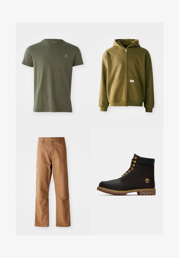 Sudadera con cremallera de color verde oliva, con una textura suave, bolsillos frontales y puños de punto. Presenta un parche con el logo en la parte inferior del bolsillo.; Camiseta de algodón verde olivo con cuello redondo, mangas cortas y un pequeño logo bordado en el pecho. Textura suave, corte clásico.; Pantalones rectos marrones con pasadores para cinturón, bolsillos frontales, cierre de botón y cremallera sobre un fondo blanco.; Bota de cuero negro de tobillo con ojales dorados, acentos marrones y suela de goma. Presenta un cuello acolchado y un logotipo en relieve en el costado.