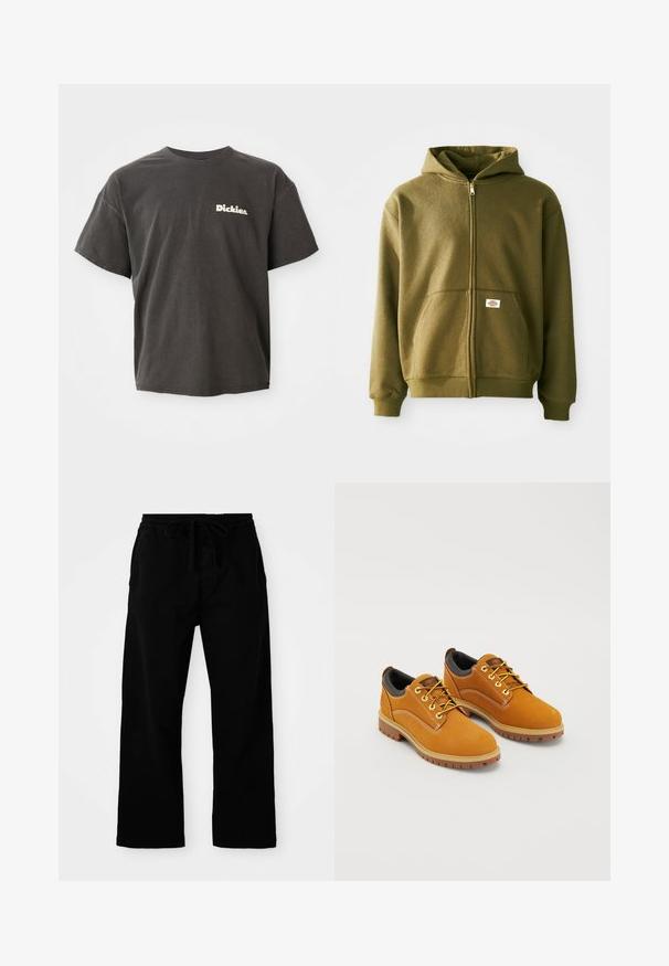 Olivgrüne Zip-Hoodie mit weicher Textur, vorderen Taschen und gerippten Bündchen. Verfügt über ein Logo-Patch im unteren Taschenbereich.; Dunkelgraues T-Shirt mit kurzen Ärmeln und dem "Dickies."-Logo in Weiß auf der linken Brust, Rundhalsausschnitt und lässiger Schnitt.; Schwarze, elastische Hosen mit verstellbarem Kordelzug, weitem Bein und glatter Baumwollstruktur. Keine sichtbaren Muster oder Hardware-Details.; Braune Wildlederschuhe mit einer runden Zehenpartie, gelben Schnürsenkeln, einem gepolsterten schwarzen Kragen und Gummisohlen mit Rillen für besseren Halt.