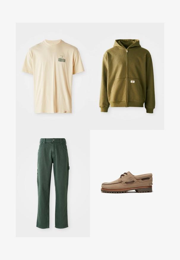 Oliven grøn zip-up hættejakke med en blød tekstur, frontlommer og ribbede manchetter. Har et logo-patch på det nederste lommeområde.; Cremefarvet bomulds-T-shirt med rund halsudskæring, korte ærmer og et grafisk tryk på venstre bryst, der viser et vintage fjernsyn.; Grønne cargo bukser lavet af bomuldsblanding, med en lige ben skæring, lommer og tonalt syning. Glat tekstur med subtil glans.; Beige ruskind bådsko med snørebånd, robust sål, lædersnører og polstret krave, der viser Timberland-logoet på siden.