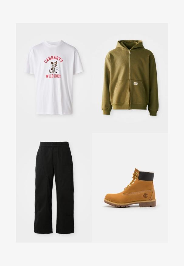 Oliven grøn zip-up hættejakke med en blød tekstur, frontlommer og ribbede manchetter. Har et logo-patch på det nederste lommeområde.; Hvid bomulds t-shirt med røde broderede tekst "CARHARTT WILD DOGS" og en tegneseriehund grafik foran. Korte ærmer, rund halsudskæring.; Sorte bomuldsbukser med elastisk talje, vid bendesign og store sidelommer. Stoffet virker blødt med en glat tekstur.; Brune læder ankelstøvle med metaløjer, hvid pelsforing, sort polstret krave, robust sål og præget logo på siden.